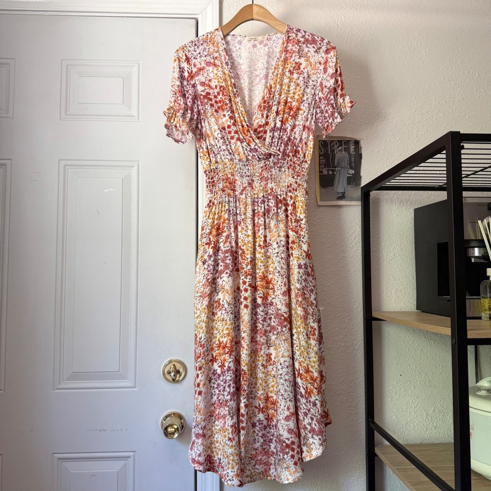 SOZY multicolor floral puff short sleeve surplice smocked waist midi dress